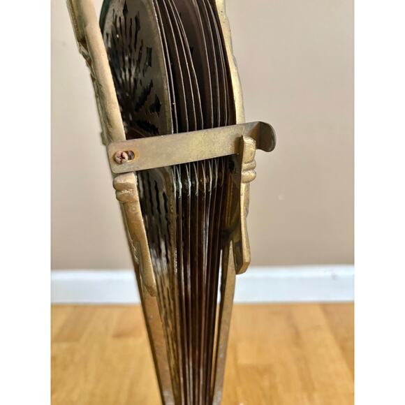 Vintage MCM Victorian Brass Fireplace Fan Peacock Folding Screen Ornate Art Deco - Picture 8 of 10